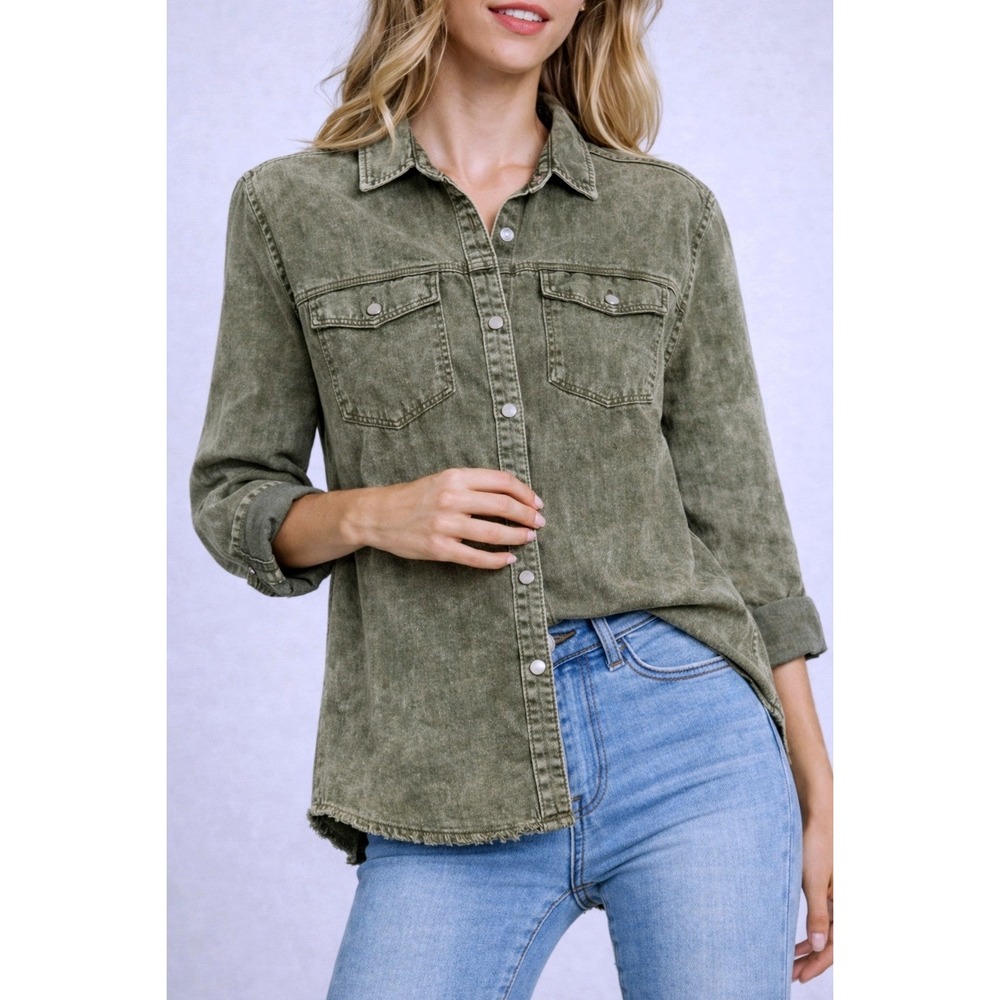 Polagram Womens Mineral Wash Button Down Shirt Olive Green Raw‎ Hem Size M